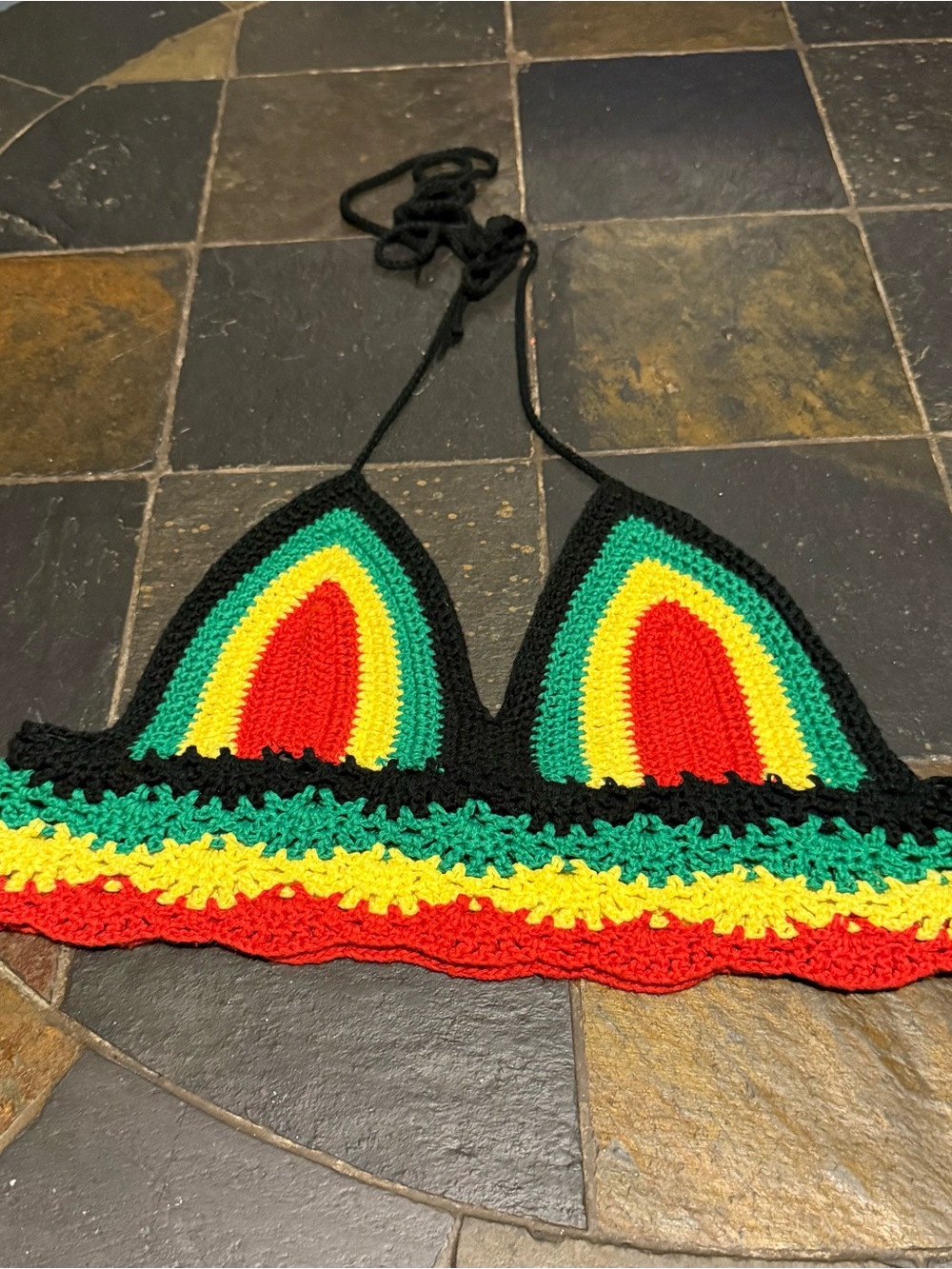 Black Crochet Triangle Tank Top with Red, Yellow & Green Stripes
